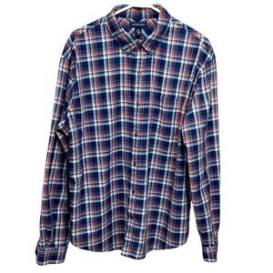 Lands’ End Flannel Shirt XL 17-17.5 Tailored Fit Navy Red Plaid